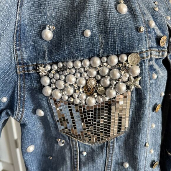 Levi’s Custom Rhinestone Cowgirl Bachelorette Disco Fringe Jean Jacket Size L - Picture 3 of 11